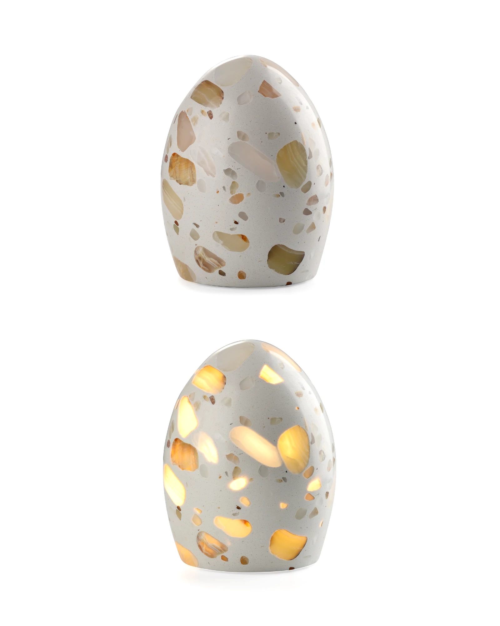 Onyx egg lamp shown both lit and unlit on white background