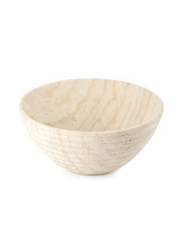 Italian Marble Travertine Round Bowl with minimalist shape and wood-like veining
