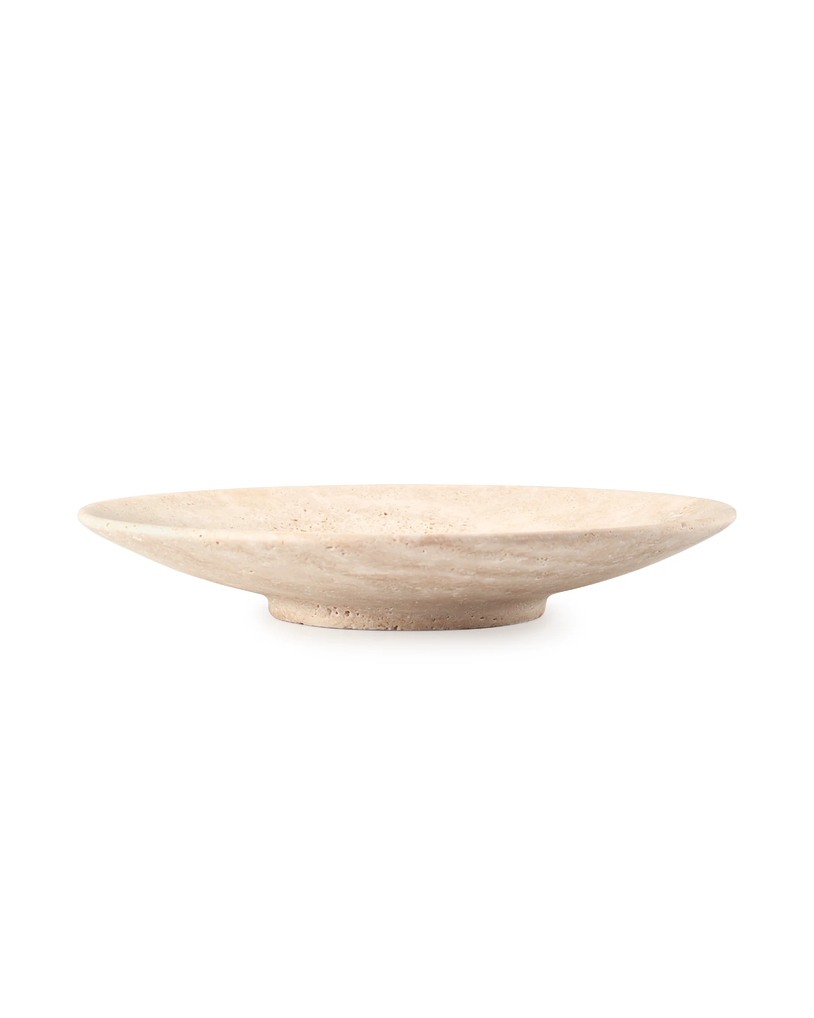 Side view of travertine round plate with inverted triangle shape and sturdy base
