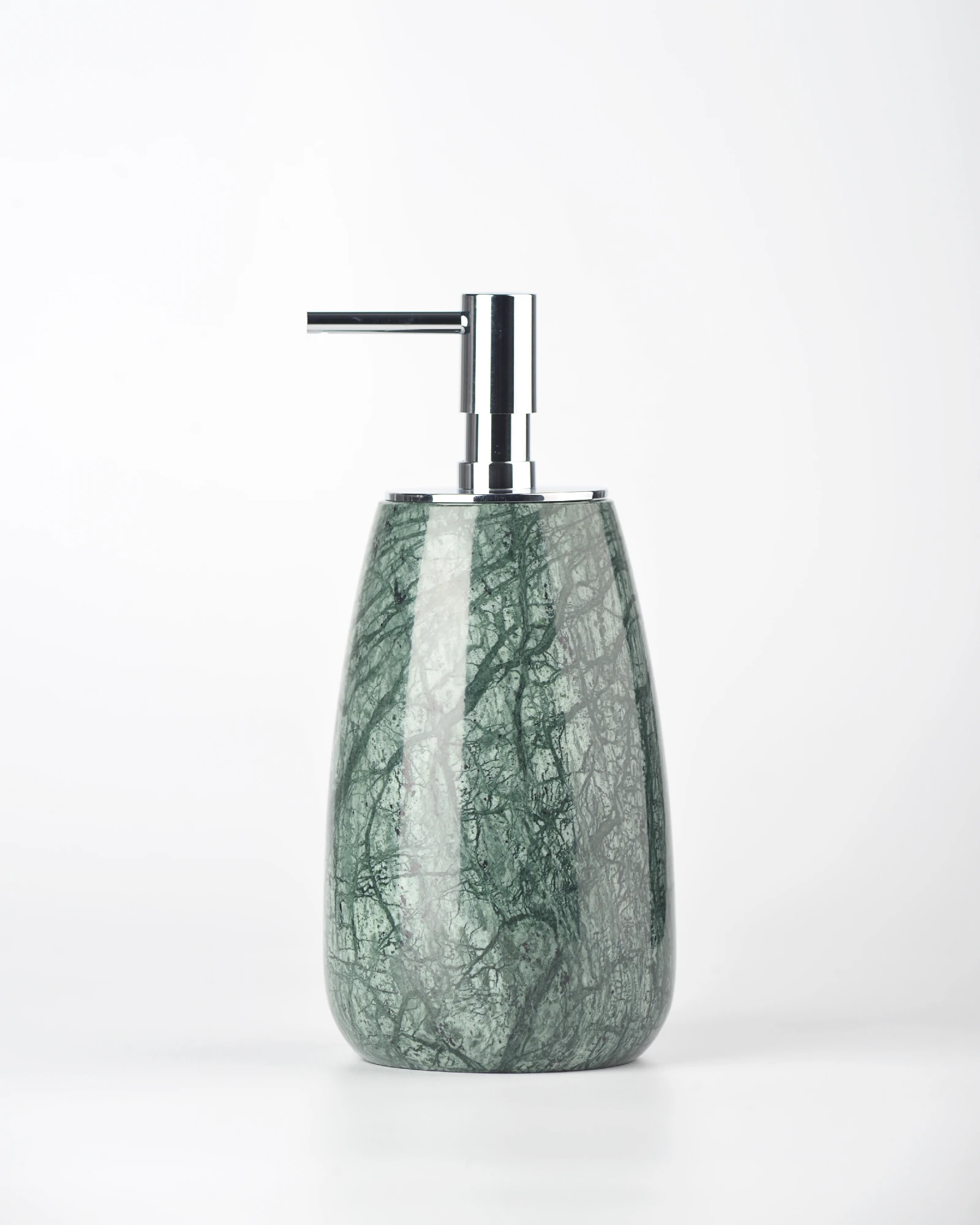 Front view of large green marble soap dispenser with deep, uniform tone