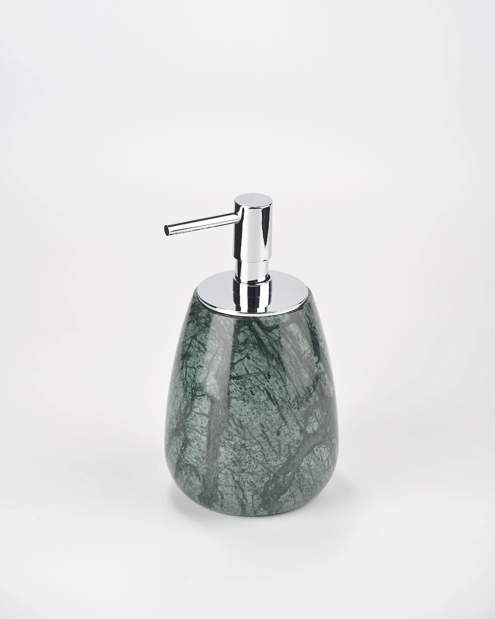 Angled view of small green marble soap dispenser highlighting shape and polish