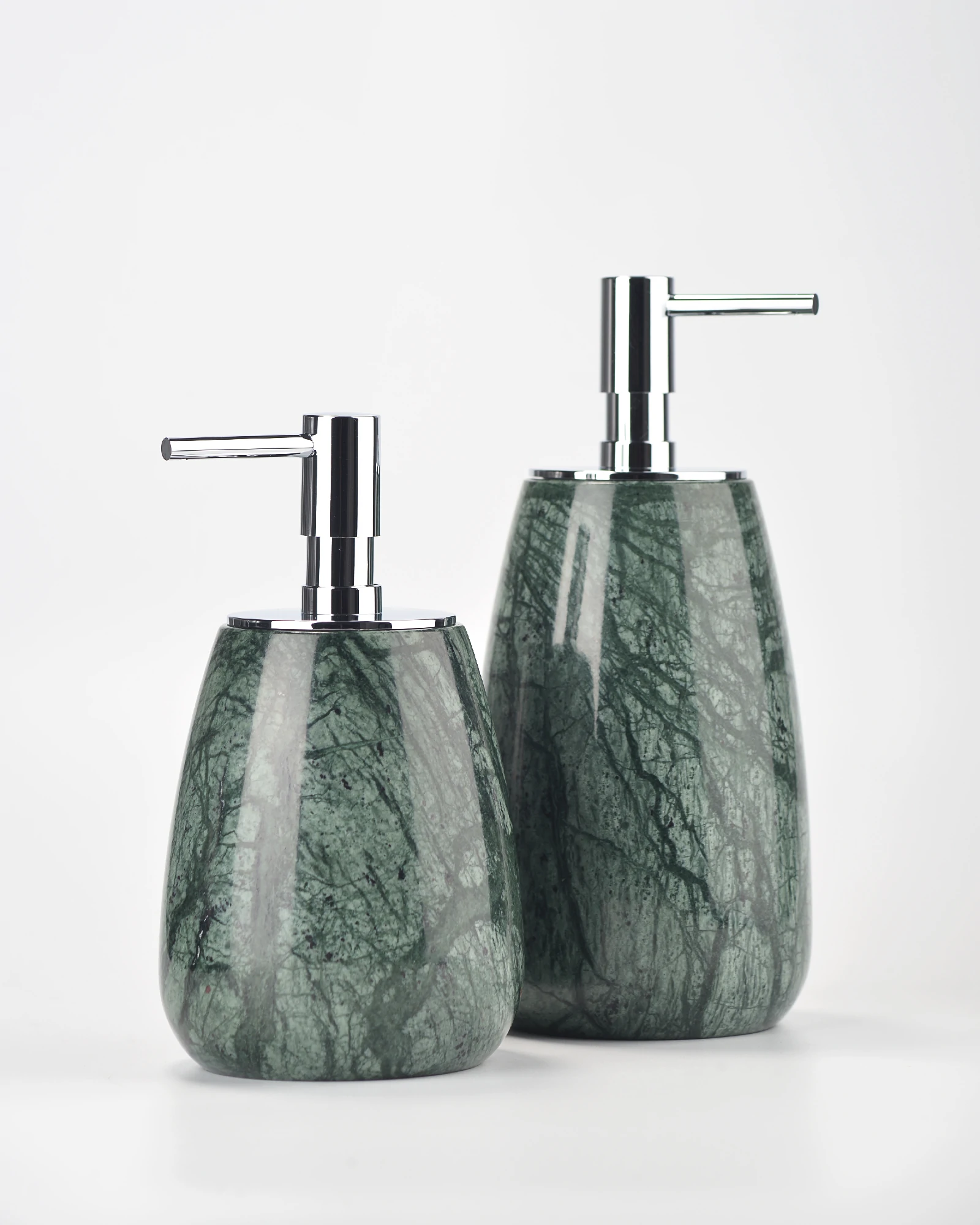Two Indian Green Marble Soap Dispensers in tall and short sizes
