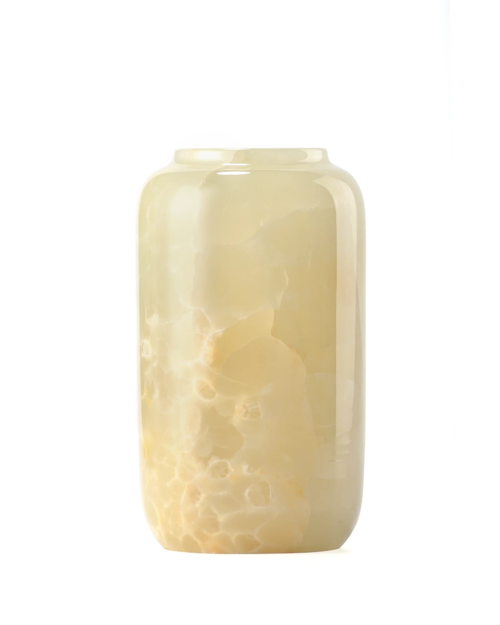 Front view of white onyx canister jar with simple cylindrical shape