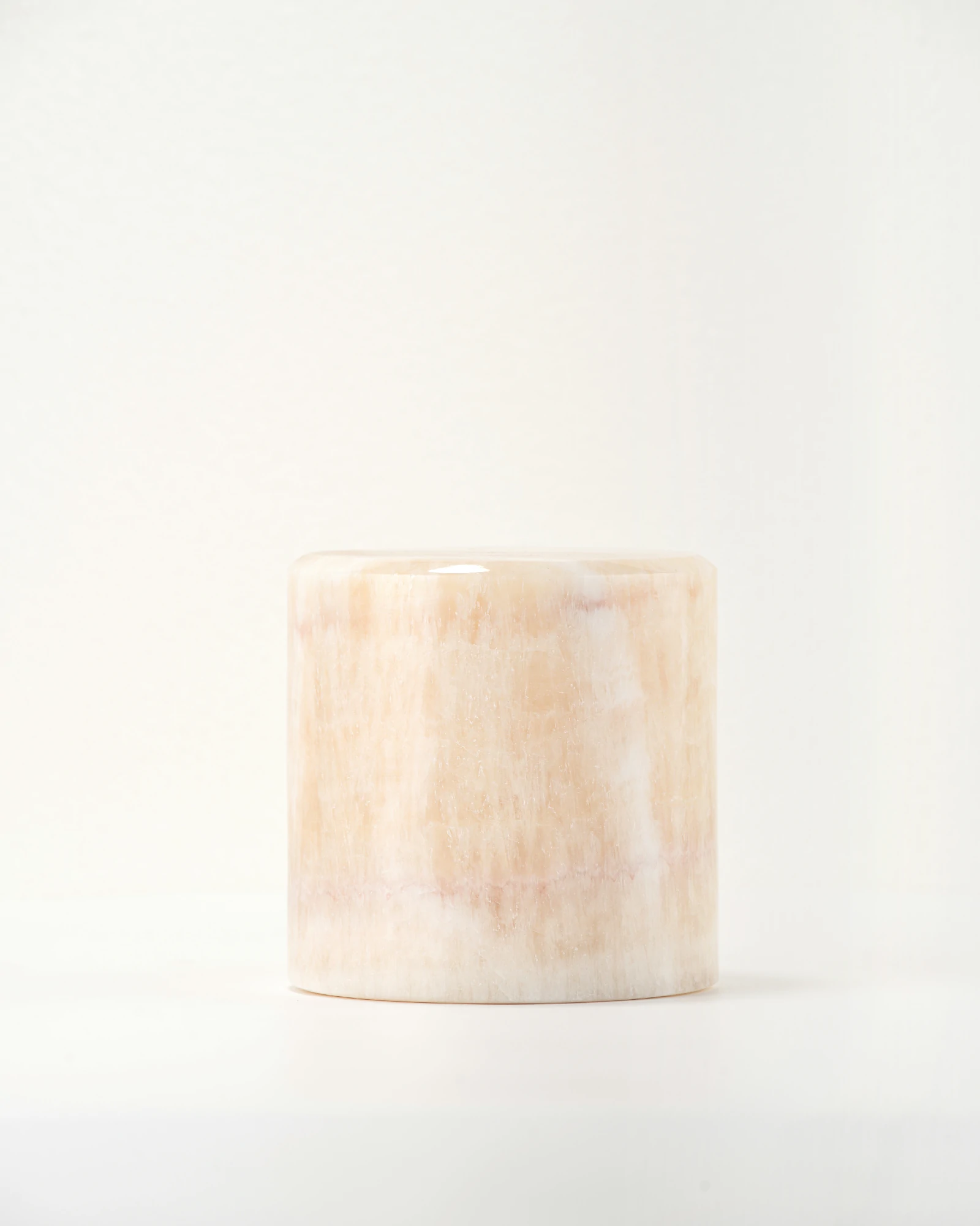 Front view of Mini Yellow Onyx Table Lamp in cylindrical shape