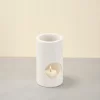 White Stone Candle Holder at 45-degree angle with candlelight glow
