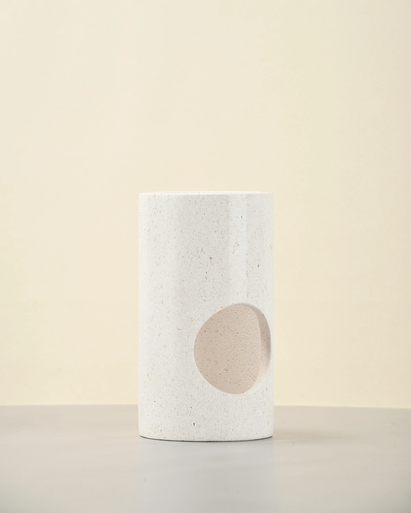 White Stone Candle Holder front view, minimalist cylinder shape