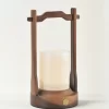 Portable white onyx table lamp with walnut wood handle and base