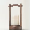 Rear angle of portable white onyx lamp with walnut handle
