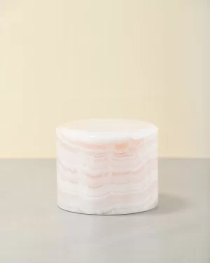 Mini pink onyx table lamp 45-degree view in soft light pink shade