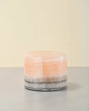 Mini pink onyx table lamp with gray-black veins front 45-degree view