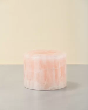 Mini pink and white onyx table lamp 45-degree view