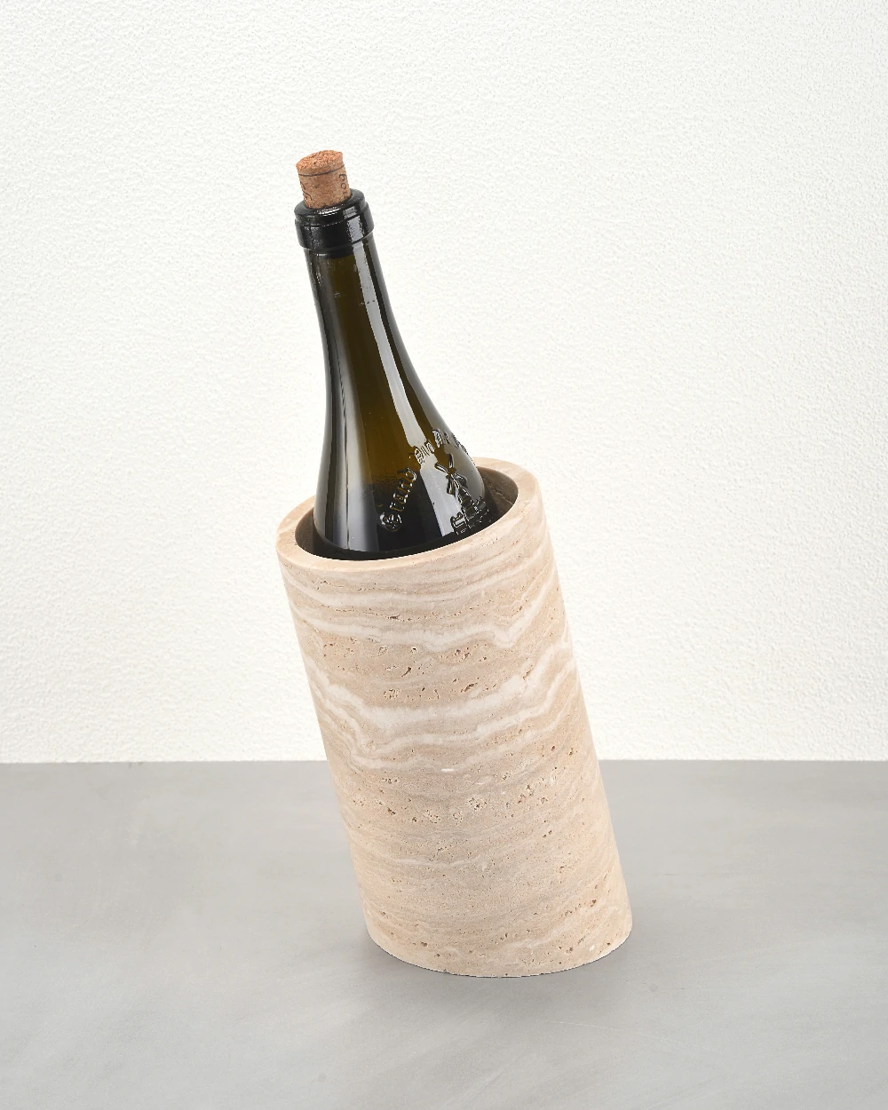 Travertine Marble Wine Holder in use with wine bottle