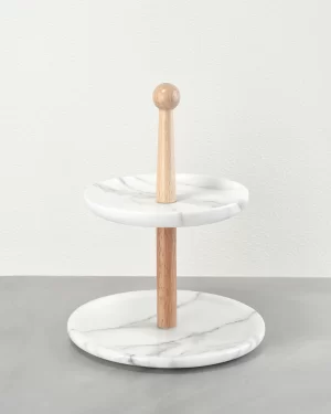 Two Tier White Marble and Ash Wood Cake Stand