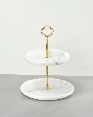 Two Tier White Marble and Gold Finish Metal Cake Stand