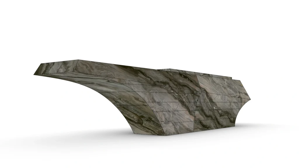 Front elevation of a sculptural Venice Brown marble reception desk with broad curved and sloping surfaces.
