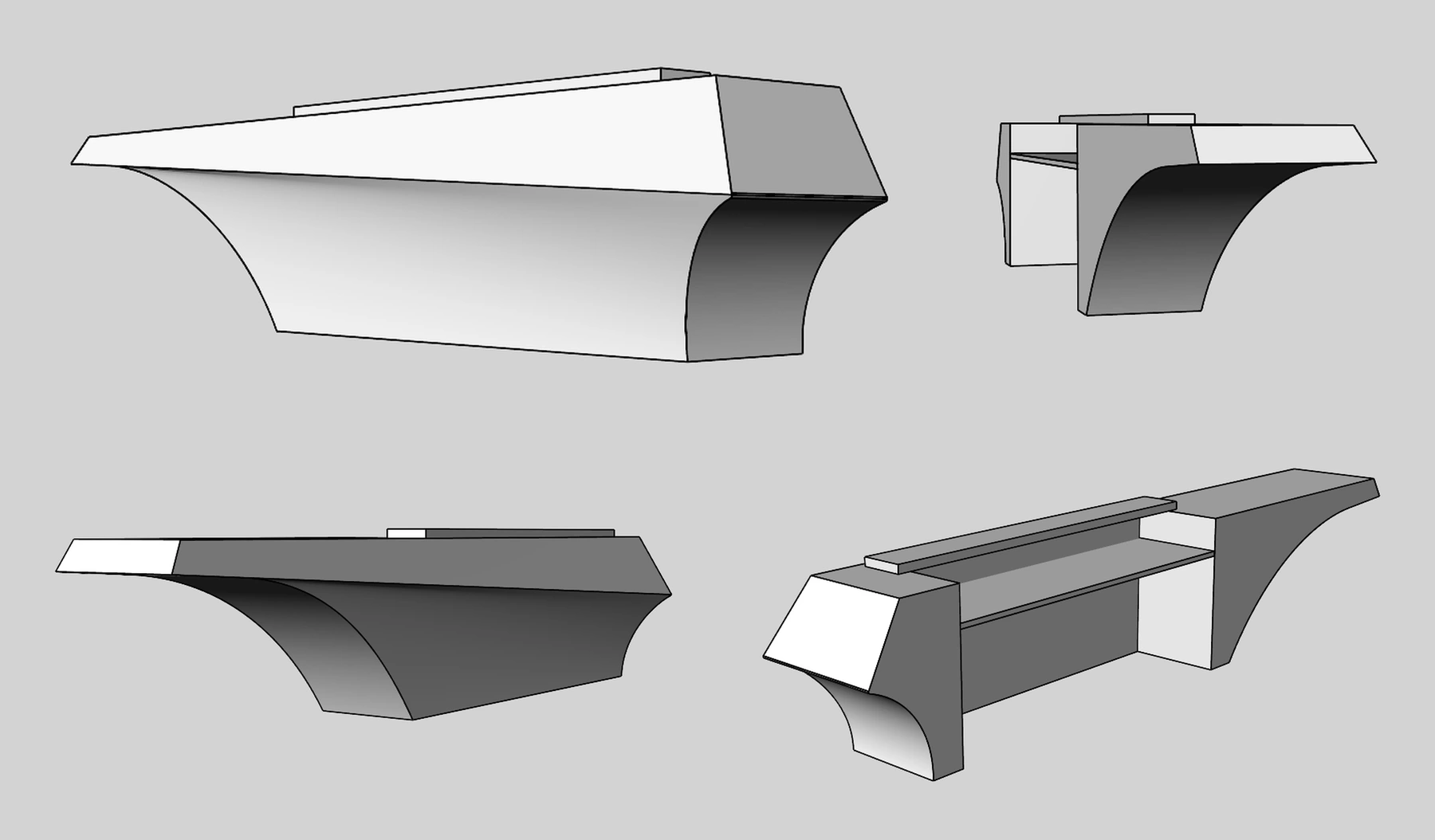 Four early 3D views showing the curved geometry of the custom marble reception desk.