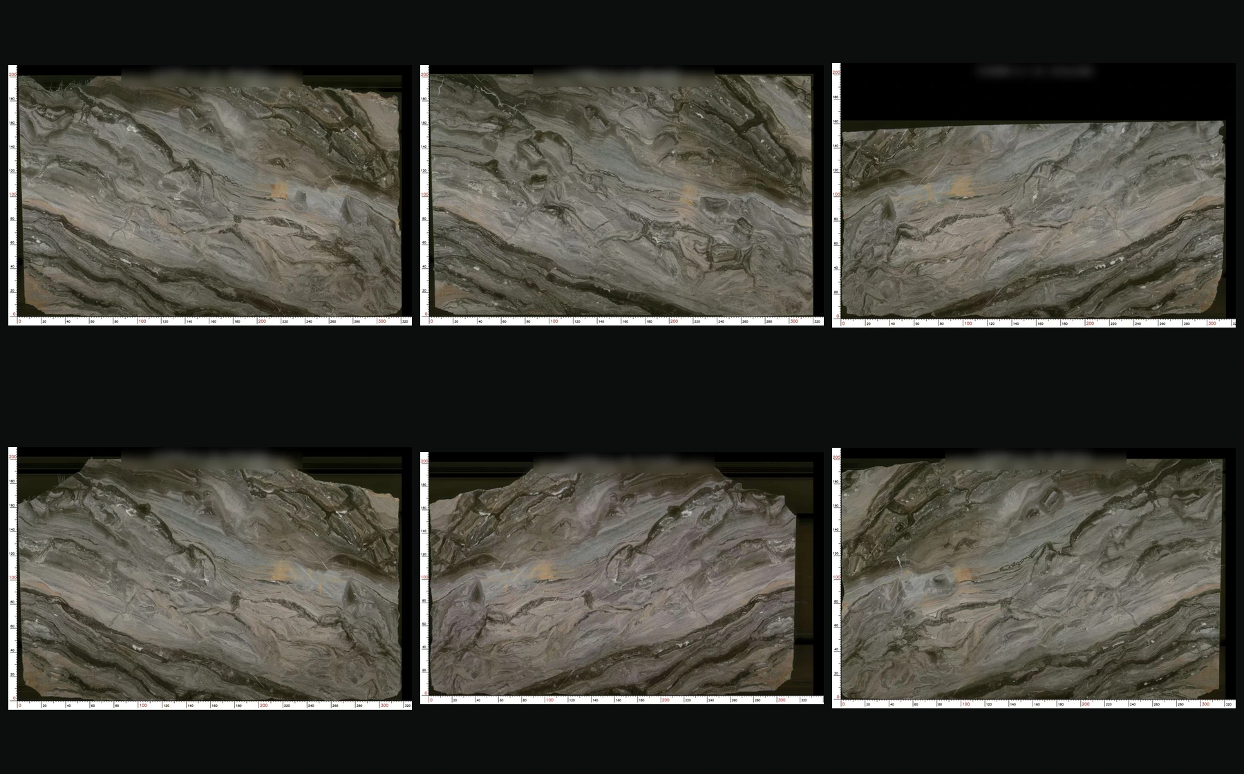 Six high-resolution slab scans showing the flowing brown, grey and dark veining of Venice Brown marble.