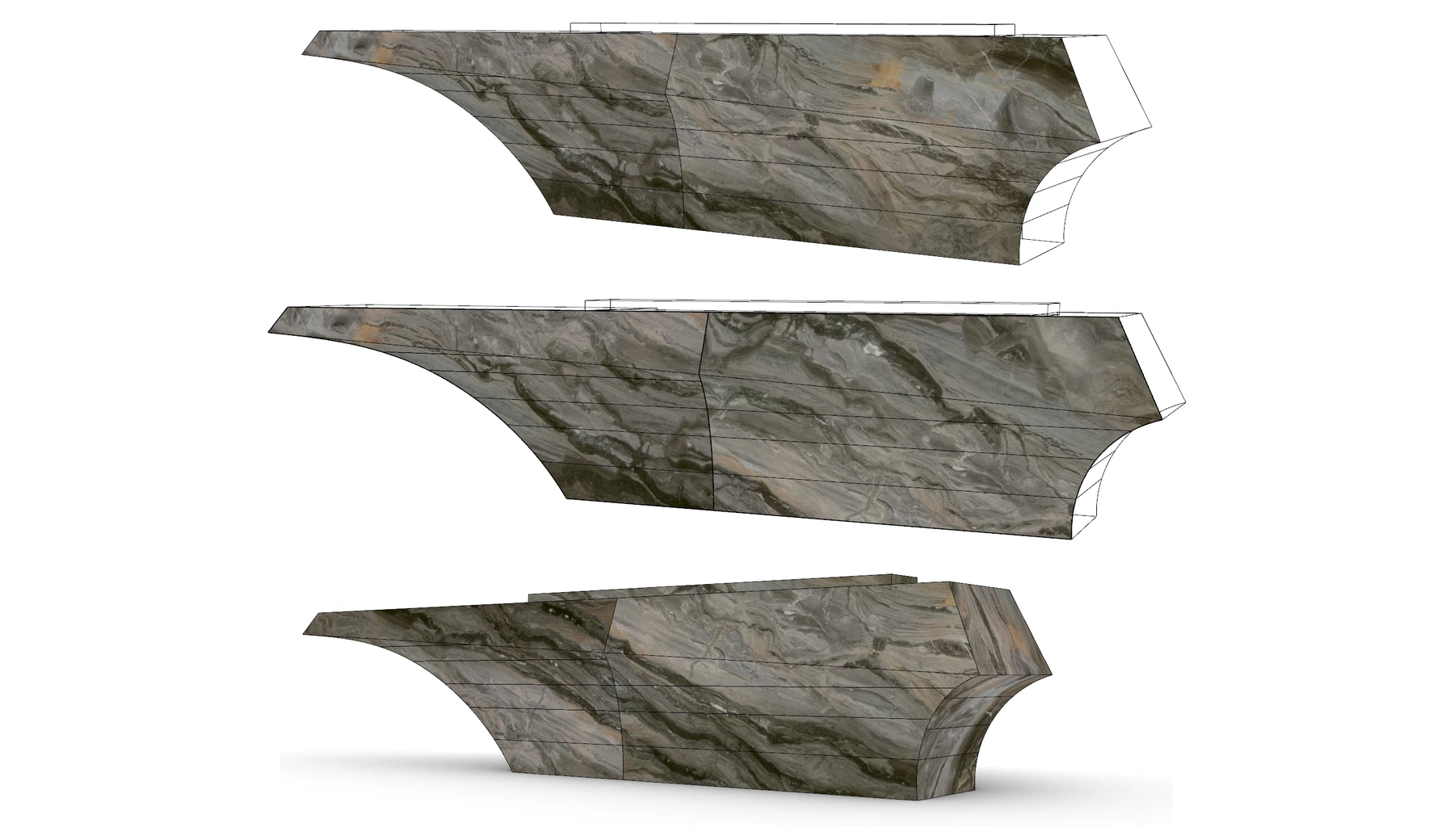 Three proposed vein layouts for the front display surface of the marble reception desk.