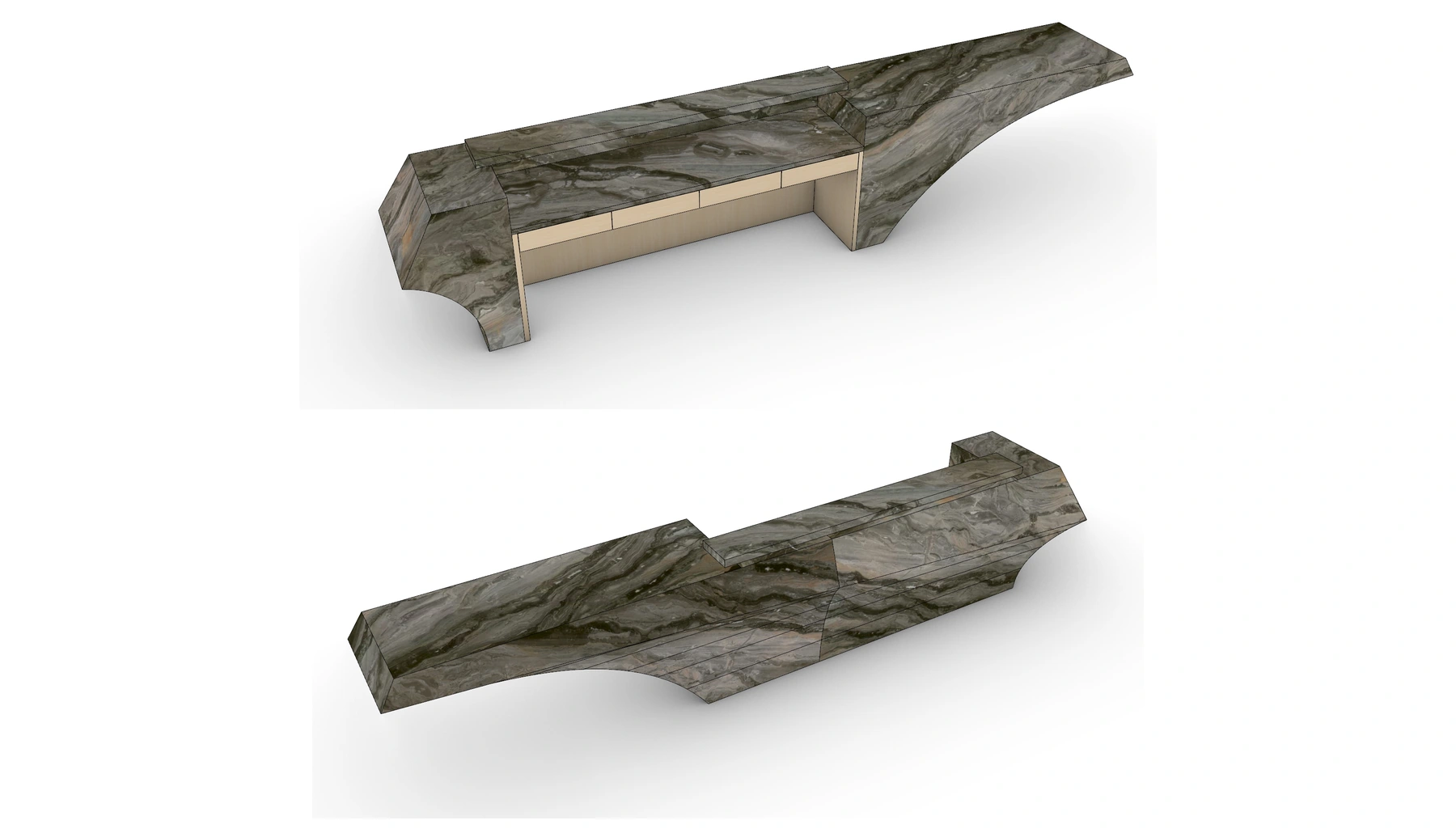 Two views of the approved marble reception desk showing the selected vein layout and complete form.