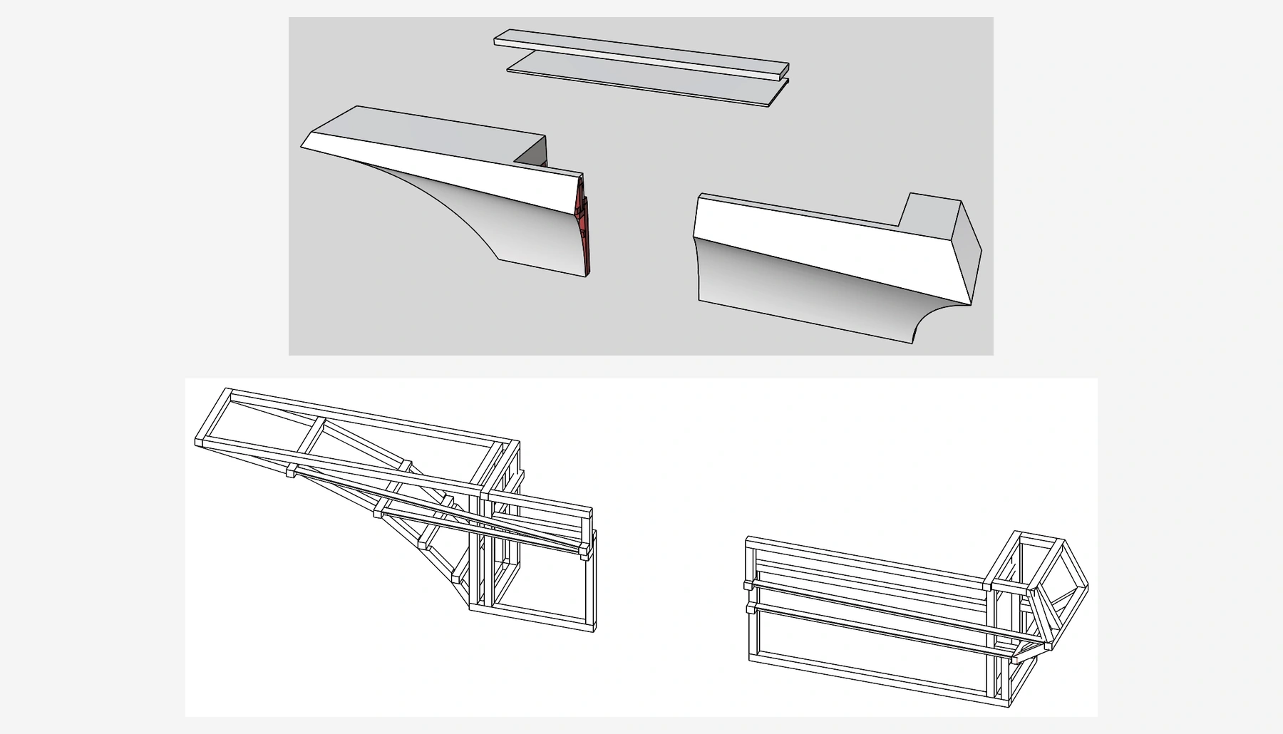 Exploded stone model and internal steel-frame model for the custom reception desk.