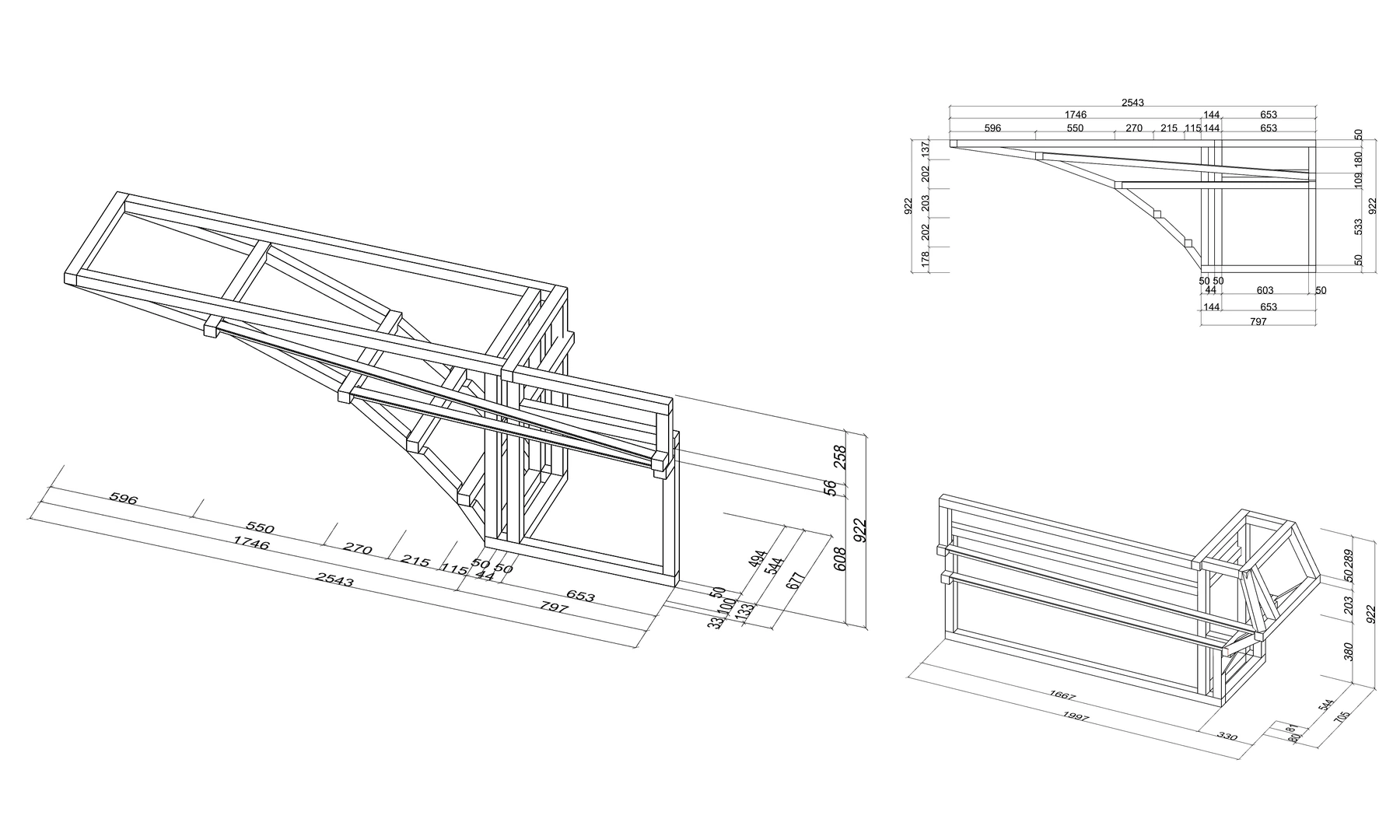 Three technical drawings of the reception desk steel frame, including dimensions and connection details.