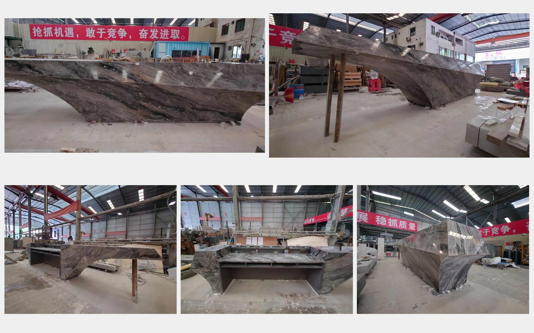 Five factory photographs showing the full-scale preassembly of the sculptural marble reception desk.