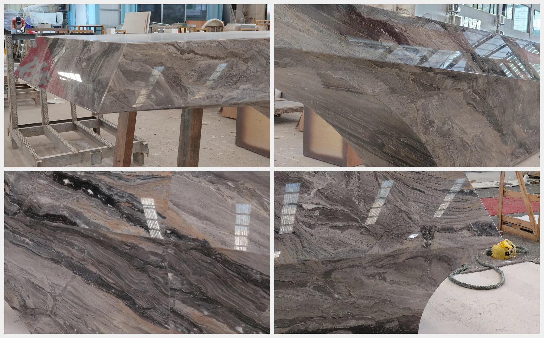Four close-up factory photographs showing seam alignment across the marble surfaces.