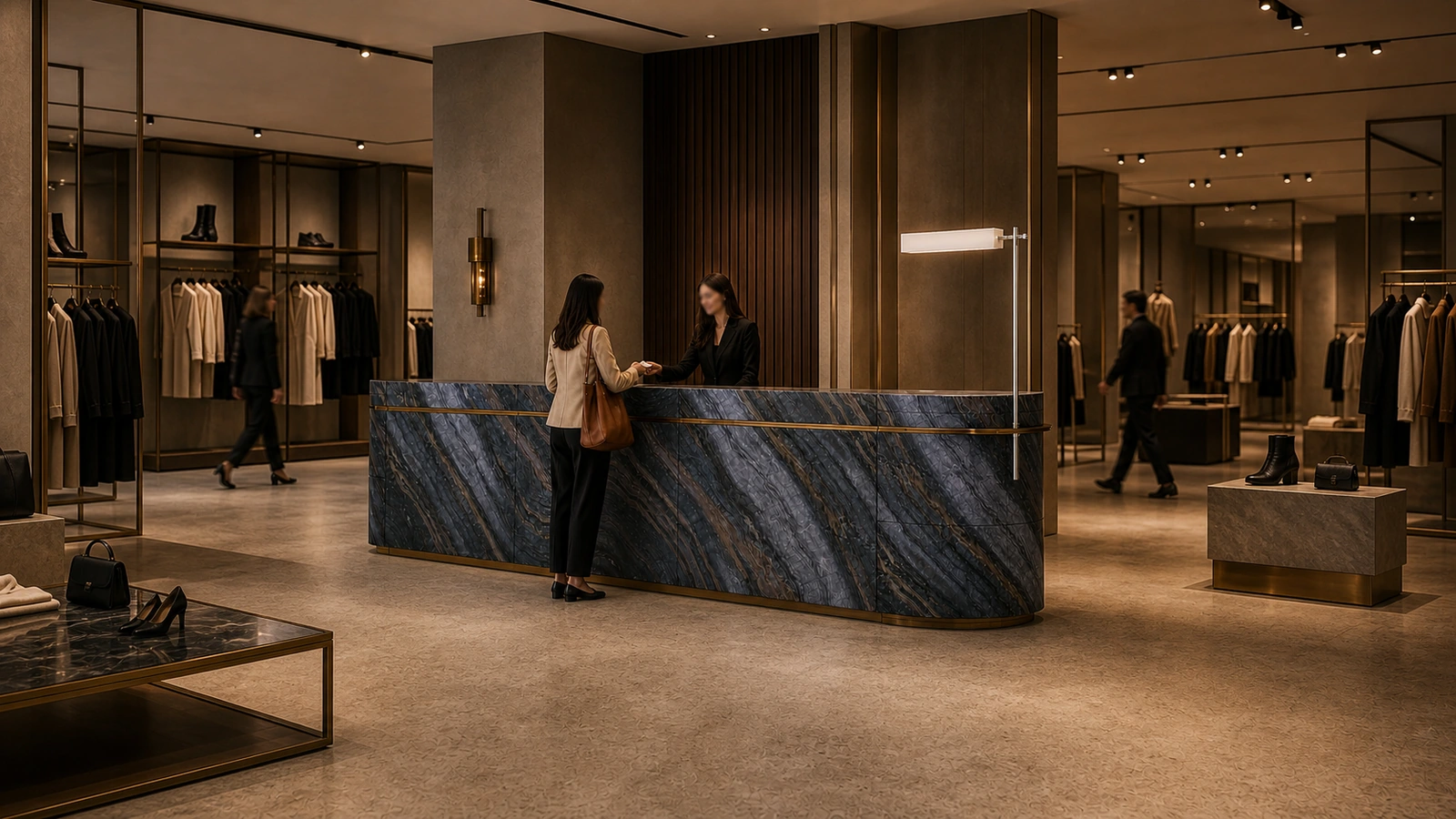 Black Wooden Marble reception desk shown in a high-end fashion showroom with restrained Art Deco detailing