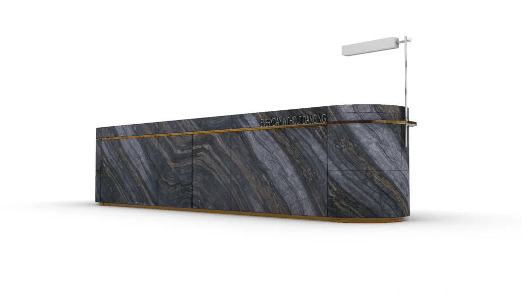 Complete model of a five-metre Black Wooden Marble reception desk with rounded ends and antique bronze-tone detailing