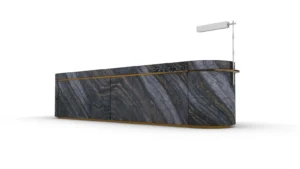 Complete model of a five-metre Black Wooden Marble reception desk with rounded ends and antique bronze-tone detailing
