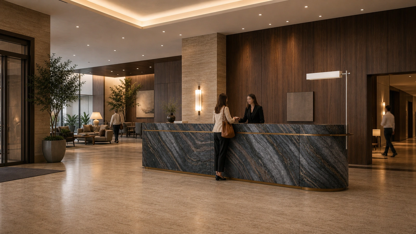 Black Wooden Marble reception desk shown in a contemporary vintage boutique hotel lobby
