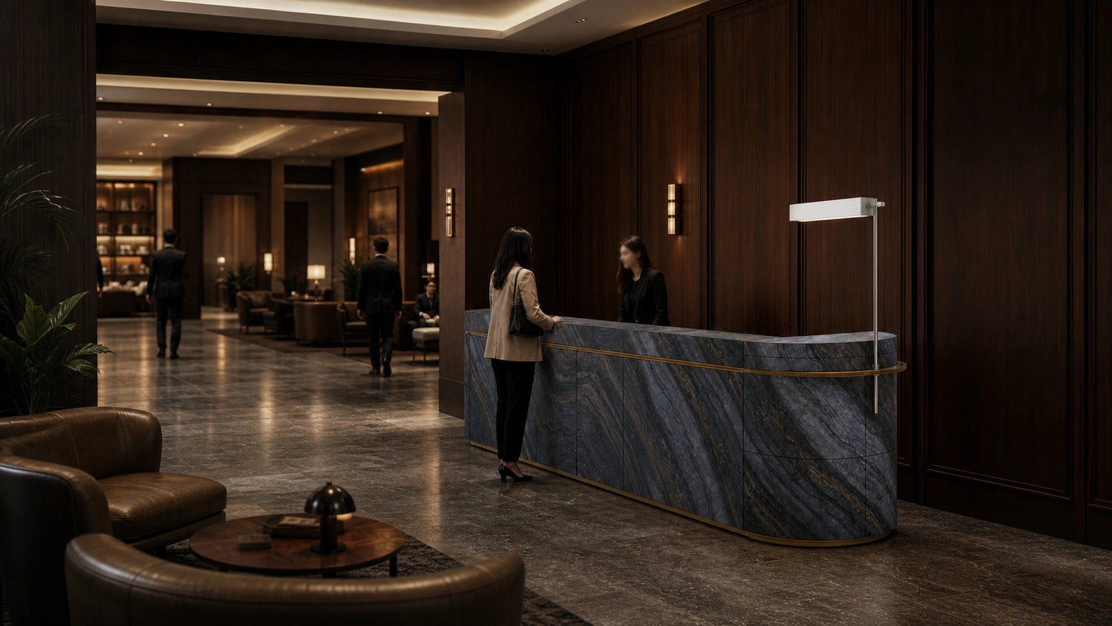 Black Wooden Marble reception desk shown in a modern-retro private club entrance lobby