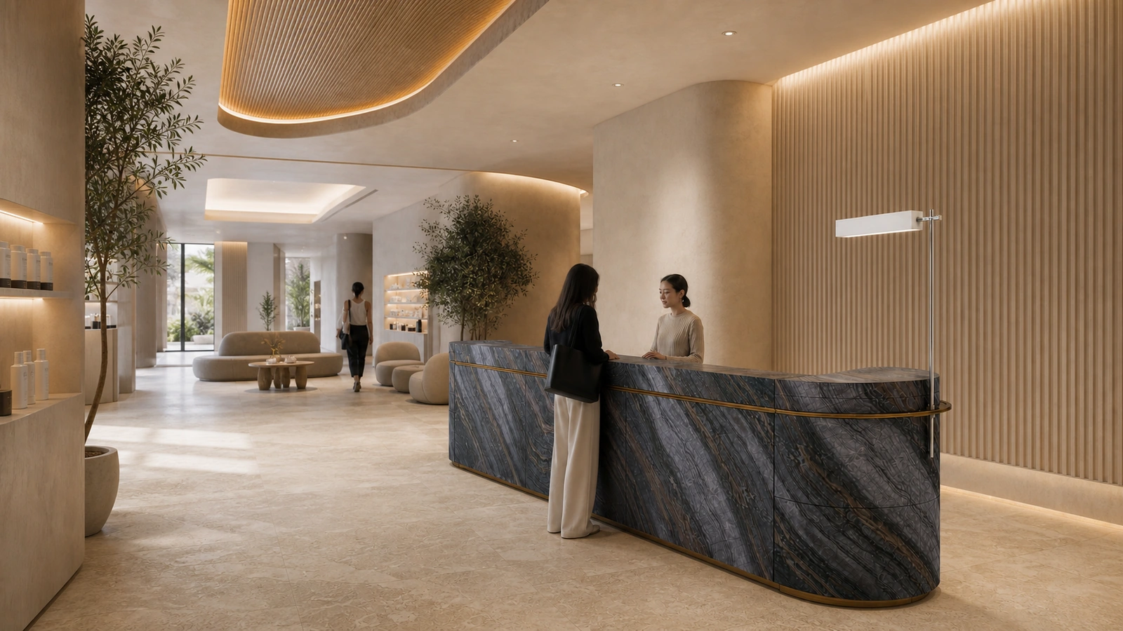 Black Wooden Marble reception desk shown in a warm modern boutique beauty and wellness space