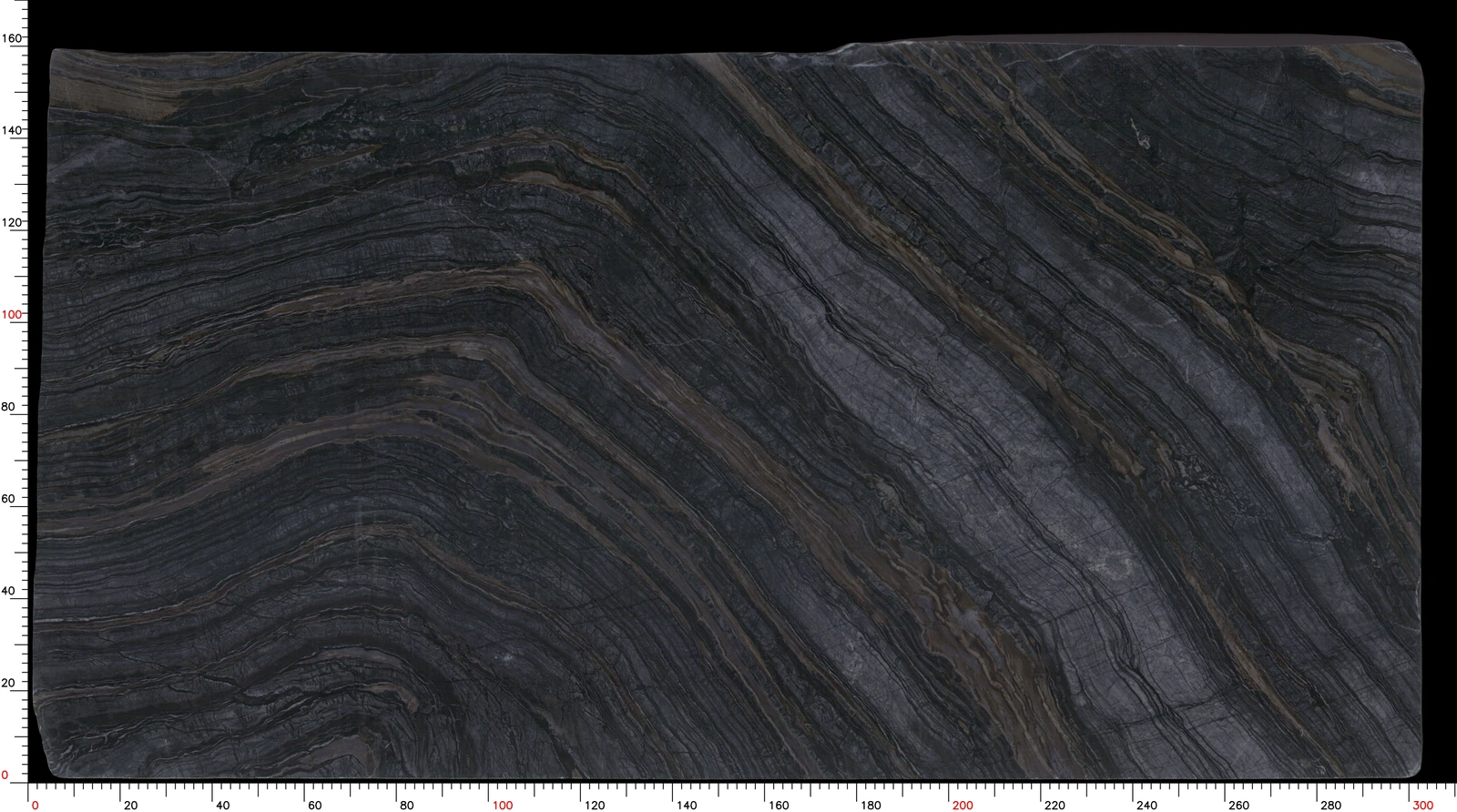 Scan of the actual Black Wooden Marble slab used to review directional veining before cutting