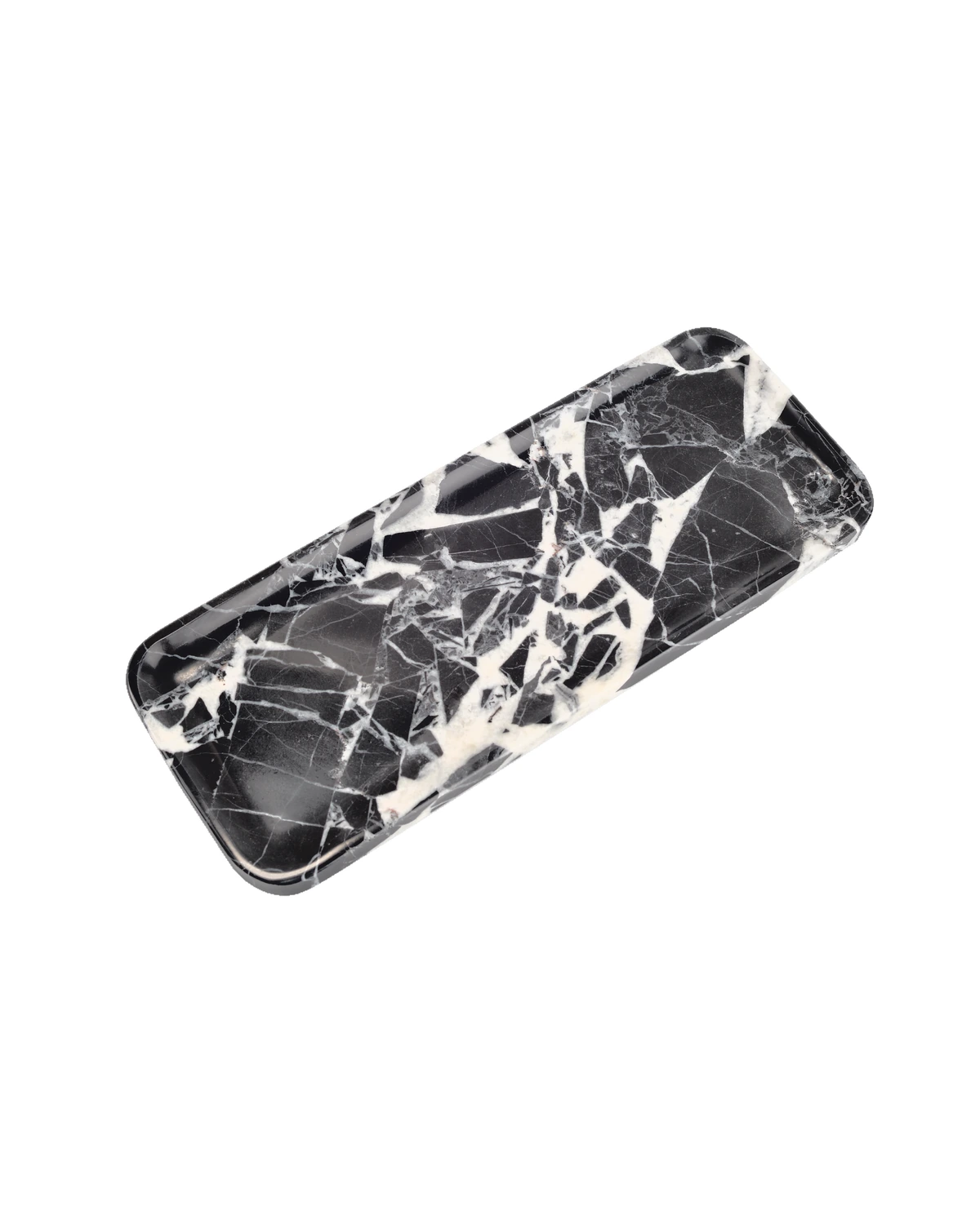 Angled view of the Bvlgari Black marble tray, Piece A, showing its rounded corners and polished edge.