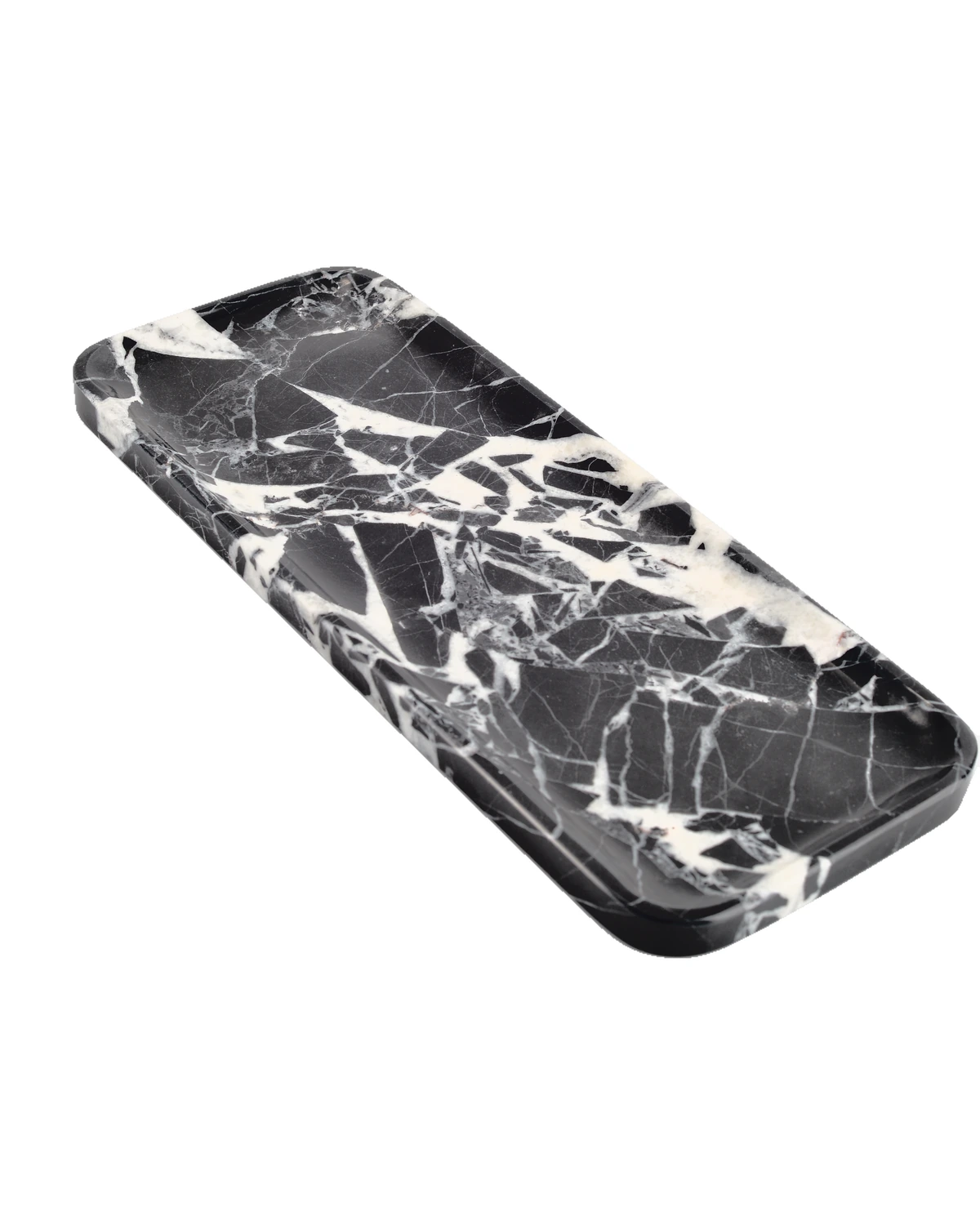 Three-quarter view of the Bvlgari Black marble tray, Piece A, showing the stone pattern and shallow rim.