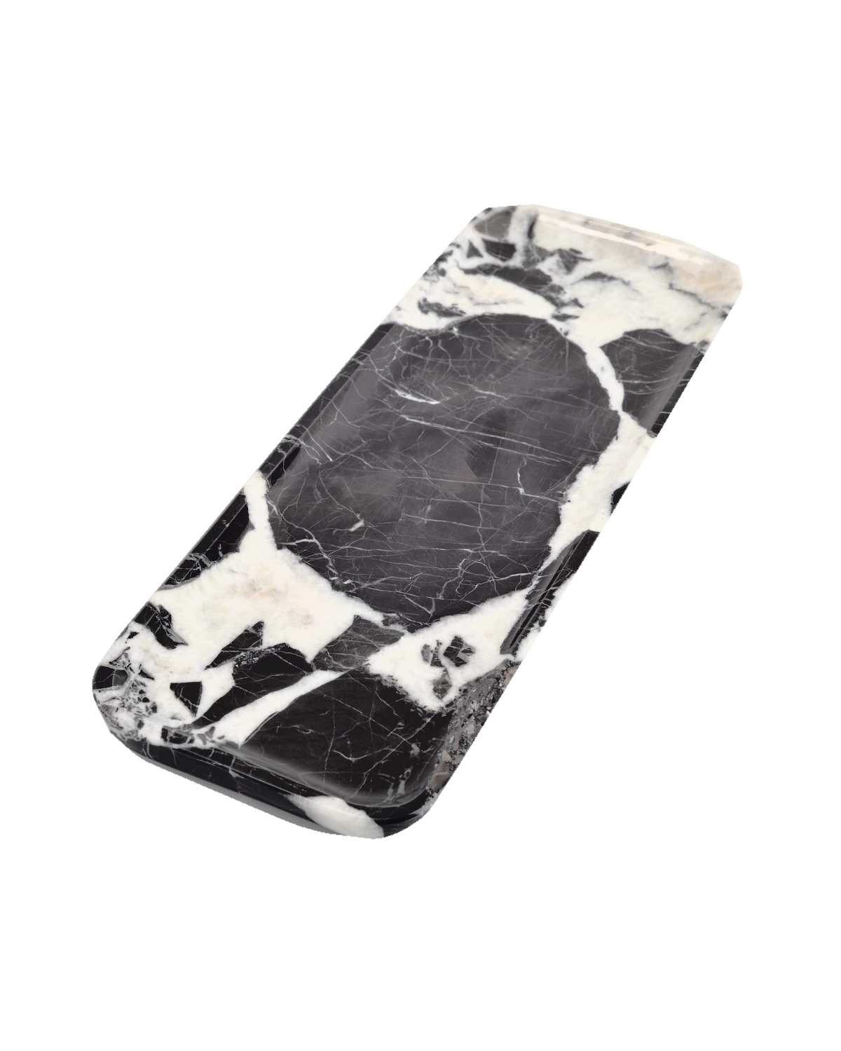 Three-quarter view of the Bvlgari Black marble tray, Piece C, showing the shallow rim and rounded form.