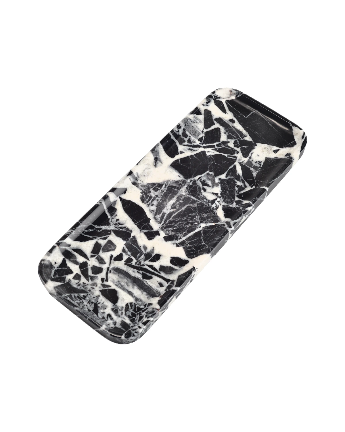 Angled view of the Bvlgari Black marble tray, Piece D, showing the shallow rim and marble pattern.