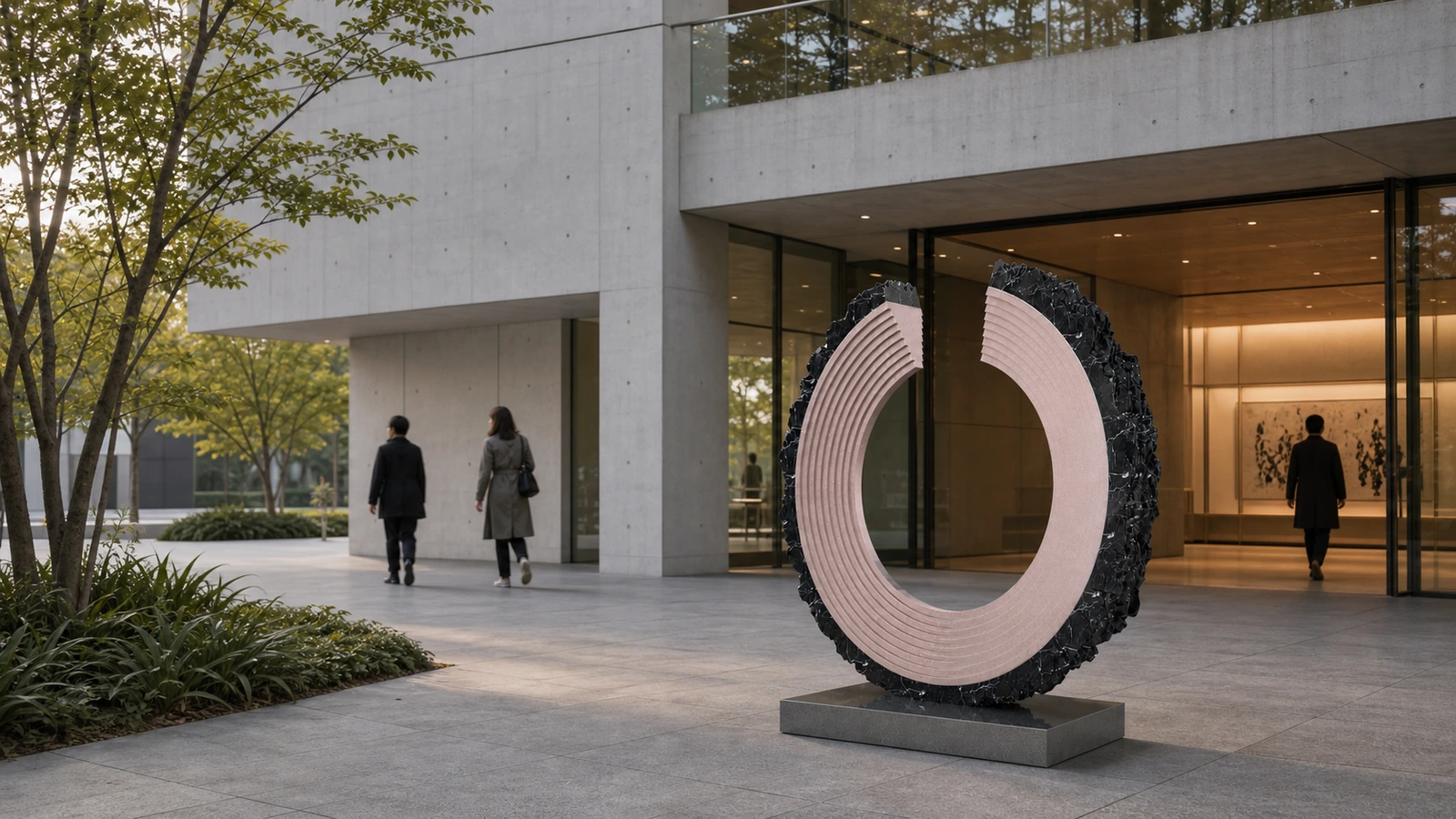 C-shaped marble sculpture in an art centre entrance courtyard