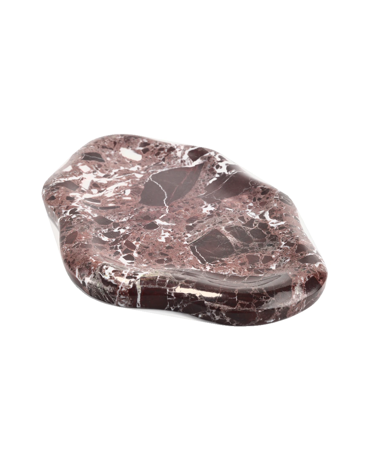 Angled view of the Cloud irregular Burgundy marble tray, Piece B, showing its organic outline and polished finish.