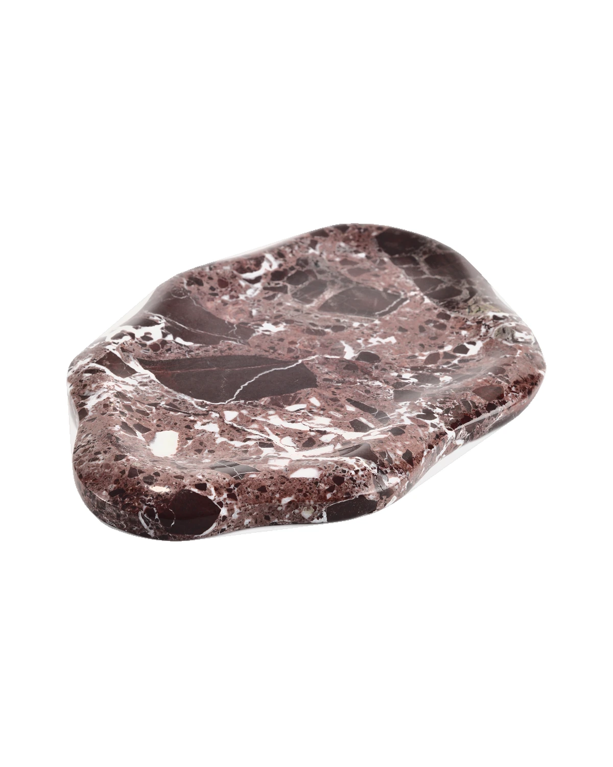 Opposite angled view of the Cloud irregular Burgundy marble tray, Piece B, showing its natural stone pattern.