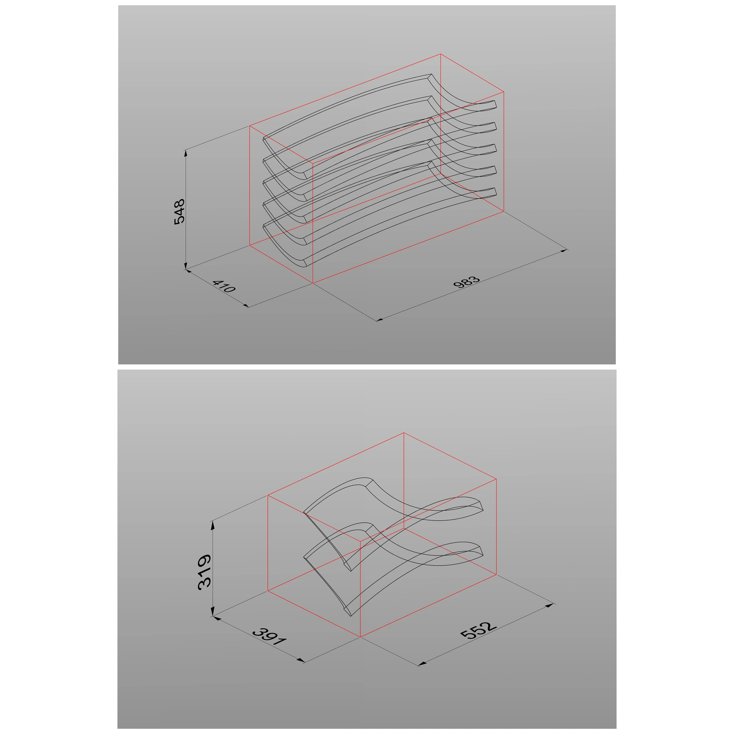 Two block size estimate drawings for double-curved marble counter components