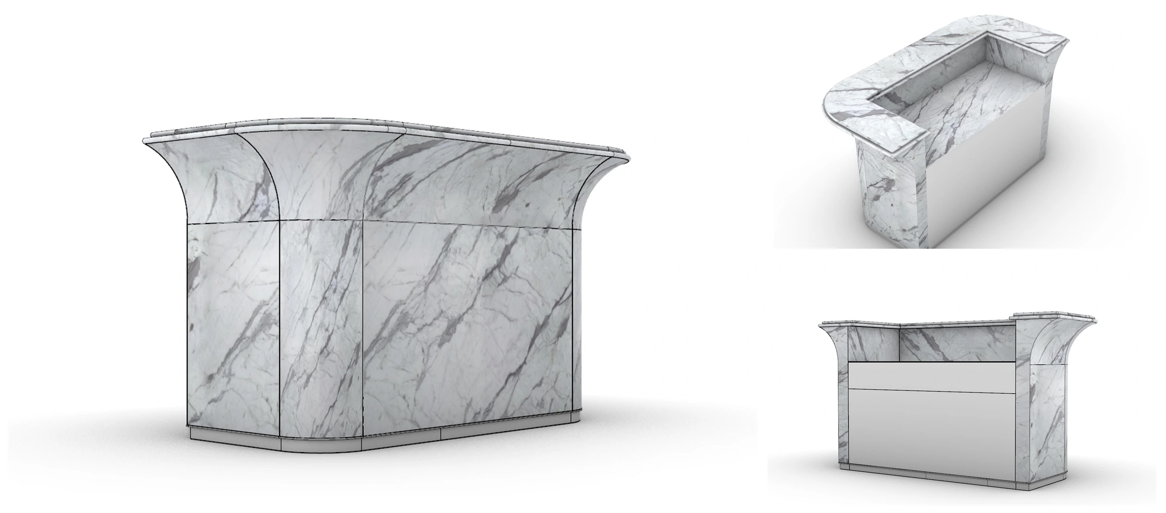 Three 3D modeling views of a curved Fish Belly White marble reception counter