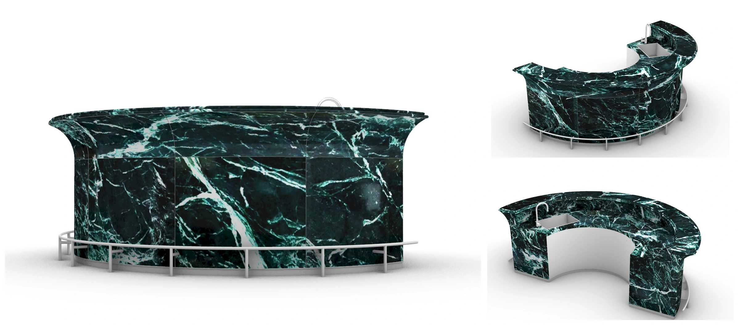 Three 3D modeling views of a curved Prada Green marble bar counter