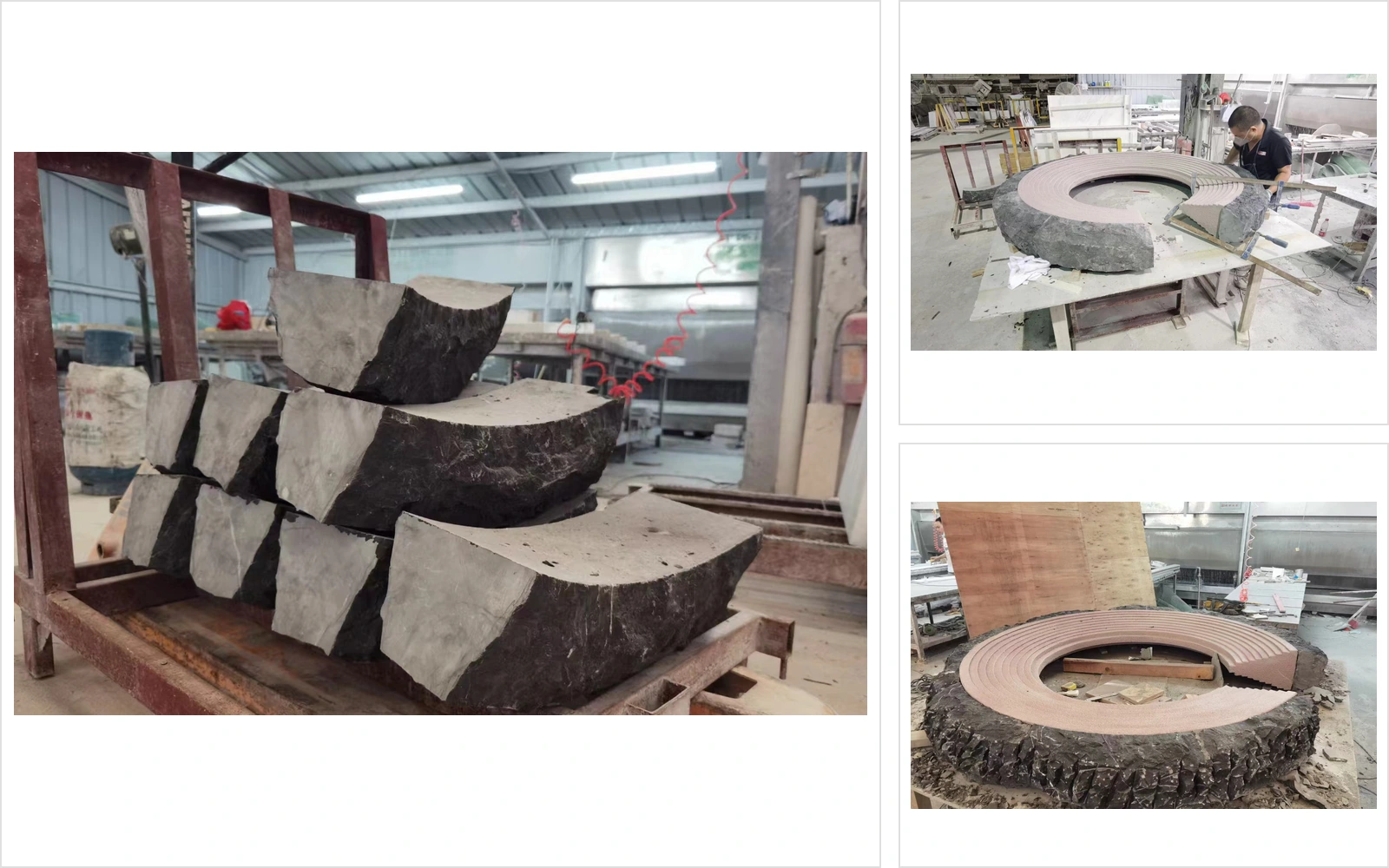 Black marble sculpture components during initial carving, assembly and hand carving