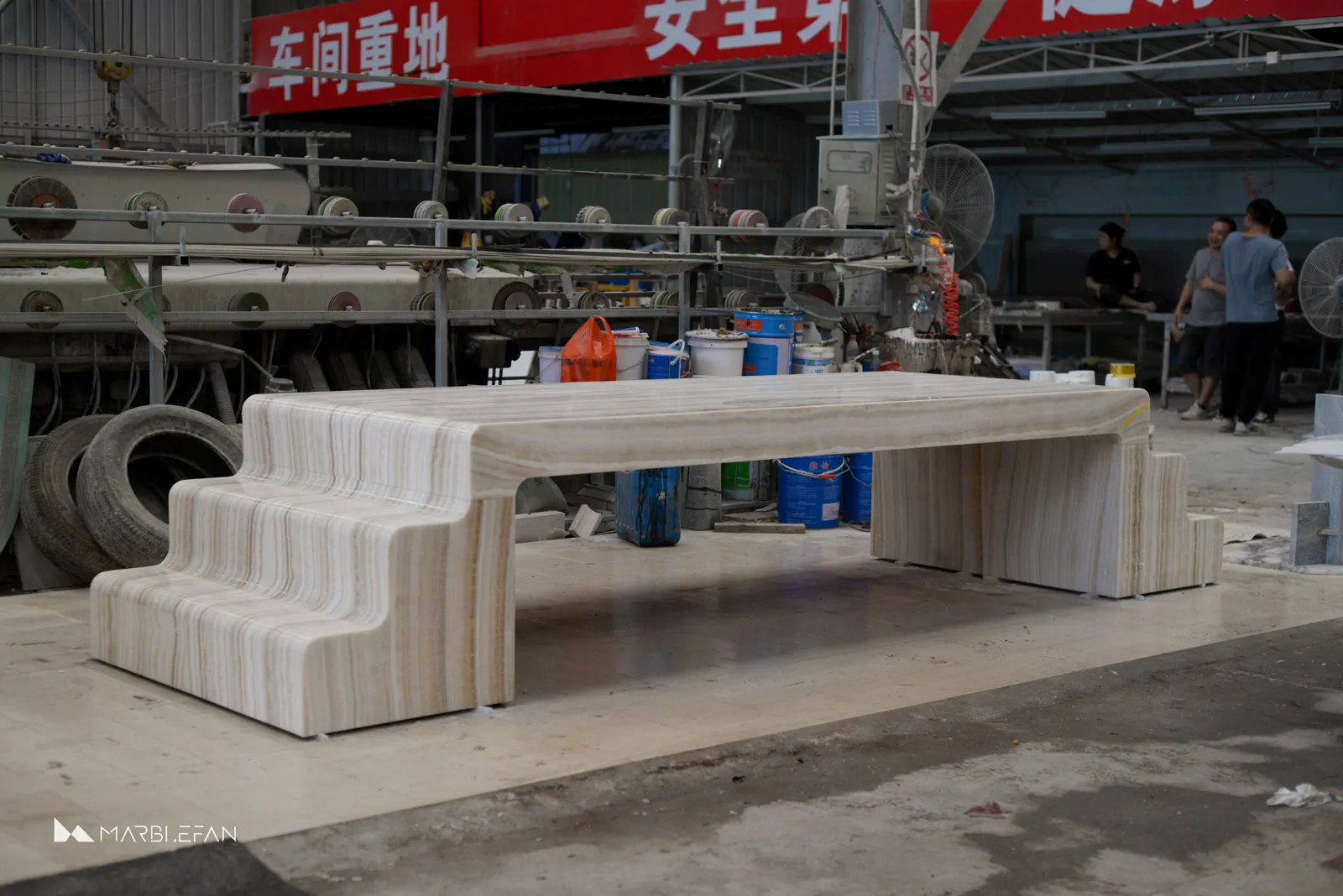 Completed four-metre marble dining table assembled in the MarbleFan workshop.