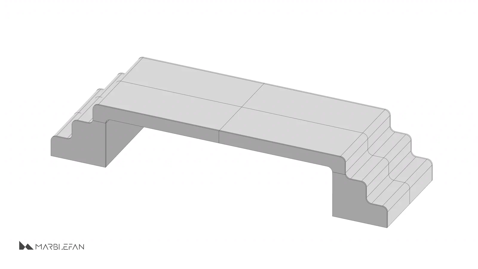 3D seam plan showing the central body and two stepped end modules