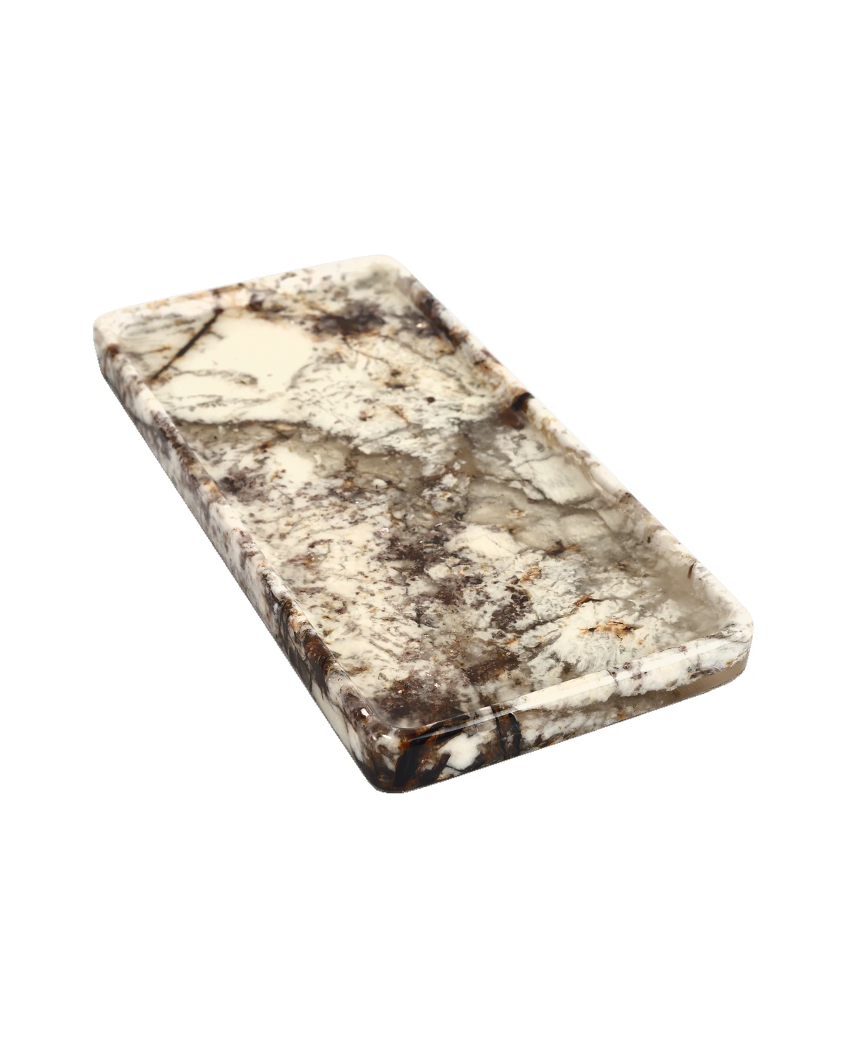 Angled view of the rectangular Patagonia Blanc stone tray, Piece B, showing its polished edge and natural pattern.