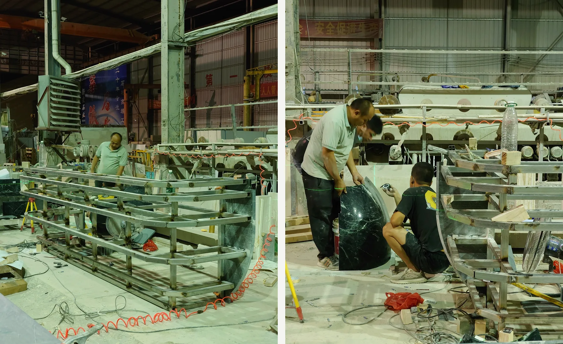 Factory assembly of the Big Flower Green marble reception desk