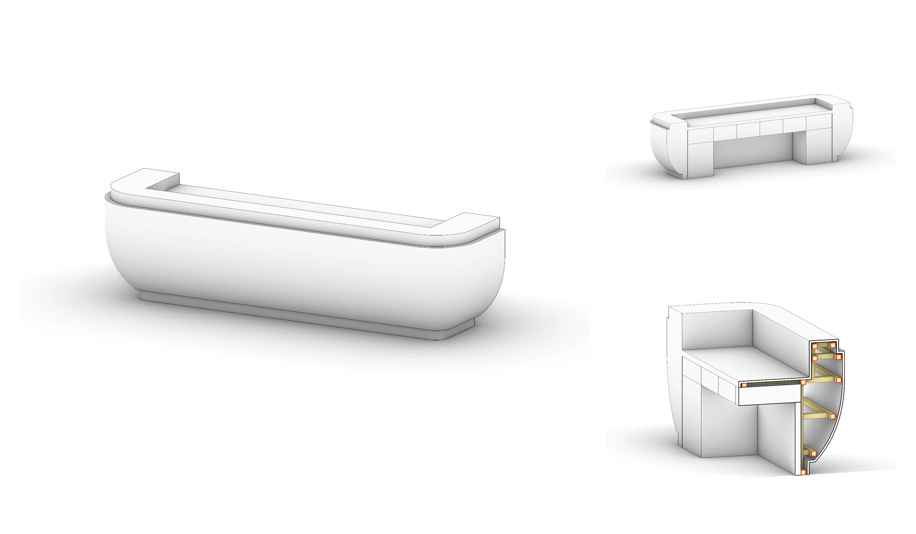 Three 3D model views of a 3.6-metre Big Flower Green marble reception desk